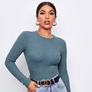 Dusty Blue Round Next Rib-Knit Solid Tee